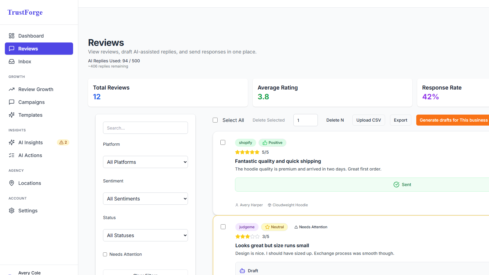 TrustForge reviews dashboard showing Google review list, ratings, and filters